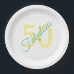 Plato De Papel Fabuloso Amarillo Verde azulado Simple Moderno 50<br><div class="desc">Sintiéndote fabuloso de fiesta en tu cumpleaños número 50. Diseño moderno sencillo con tipografía amarilla y Verde azulada</div>