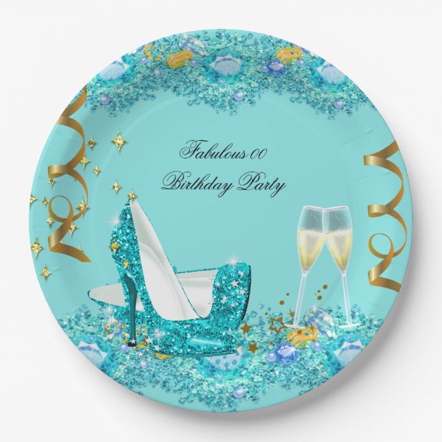 Plato De Papel Fabuloso cumpleaños talones azules Verde azulados  (Anverso)