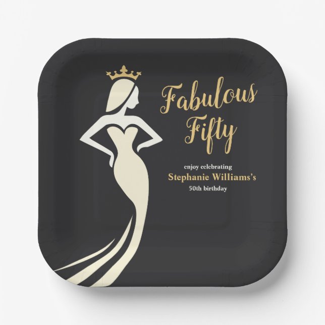 Plato De Papel Fabulous Fifty Queen Golden Black 50th Birthday (Anverso)