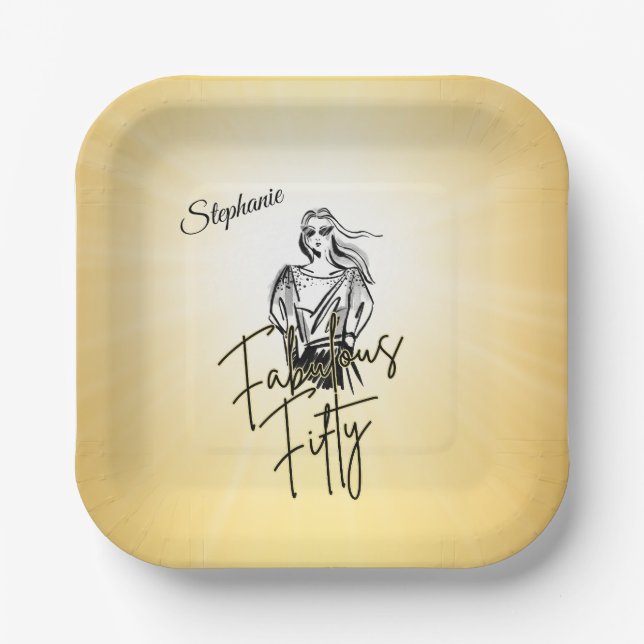 Plato De Papel Fabulous Fifty Woman Gold Sketch 50th Birthday (Anverso)