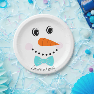 Plato De Papel Face feliz personalizada Snowman Verde azulada Blu
