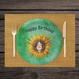Plato De Papel Face of Birthday Girl in Fancy Yellow Sunflower 