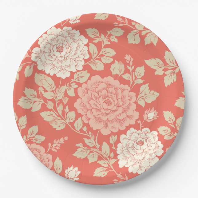 Plato De Papel Faded Red Block Print Floral (Anverso)