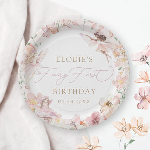 Plato De Papel Fairy 1ᵉʳ cumpleaños de los Chicas florales rosado