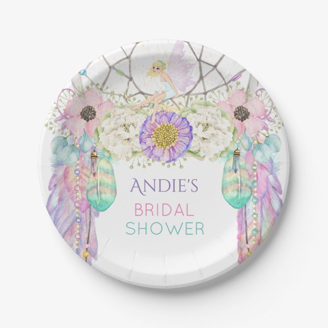 Plato De Papel Fairy Dream Catcher Boho Feathers Crystals (Anverso)