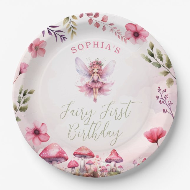 Plato De Papel Fairy First Birday Enchanted Forest Mushroom (Anverso)
