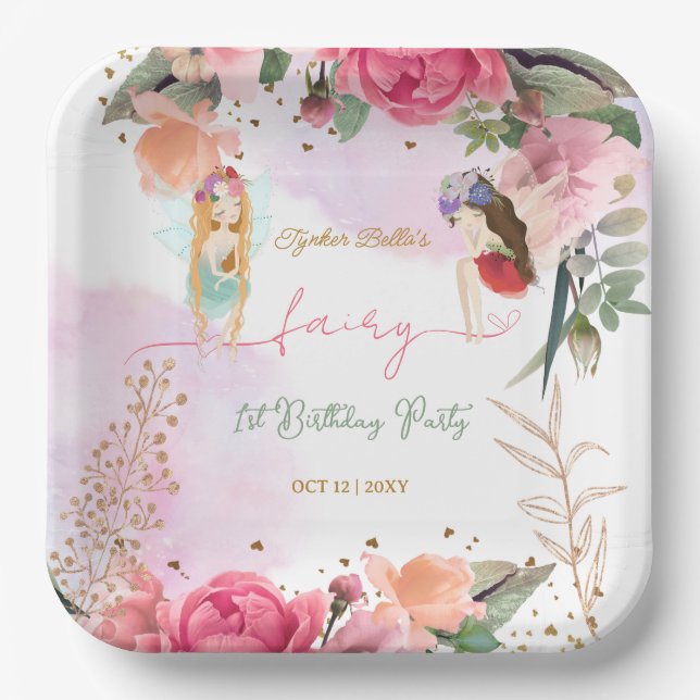 Plato De Papel Fairy First Birday Party Baby Girl (Anverso)