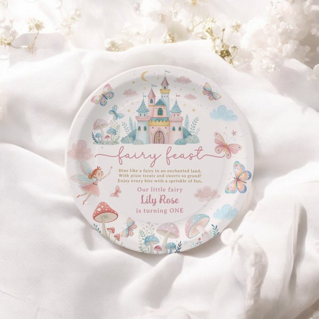Plato De Papel Fairy First Birflies Pink Whimsical (Fairy First Birthday Pink Whimsical butterflies Paper Plates)