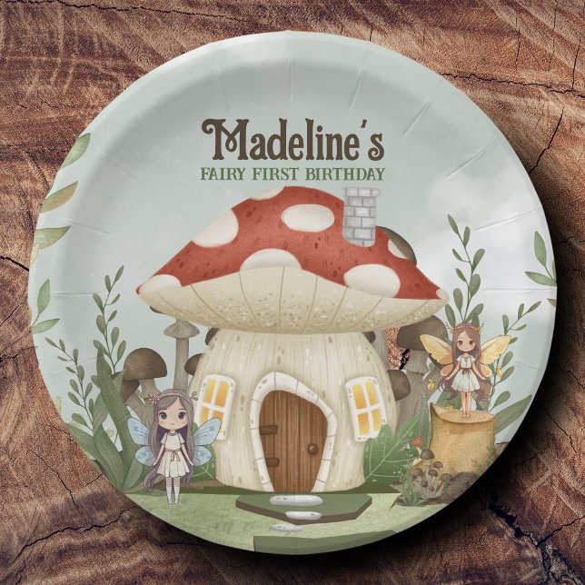 Plato De Papel Fairy First Birthday Mushroom Woodland Animales (Personalized Paper Plates)