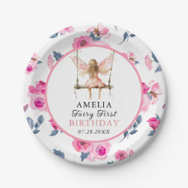 Plato De Papel Fairy First Watercolor Floral Chicas 1º cumpleaños