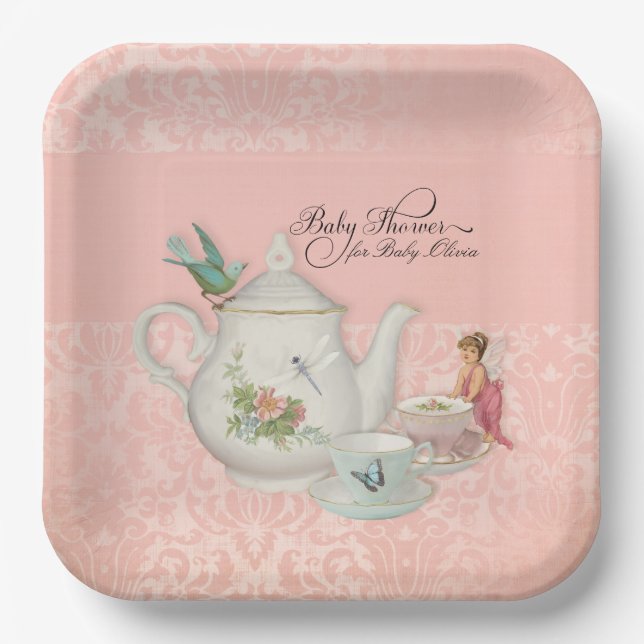 Plato De Papel Fairy n Bird Tea Fiesta Floral Rosa Baby Shower (Anverso)