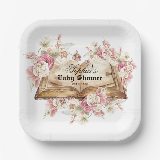 Plato De Papel Fairytale Book Flowers Rose Baby Shower (Anverso)
