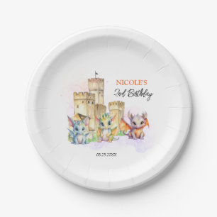 Plato De Papel Fairytale Cute Baby Dragons Castle Cumpleaños