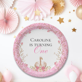 Plato De Papel Fairytale Swan Pink Floral Birday Party