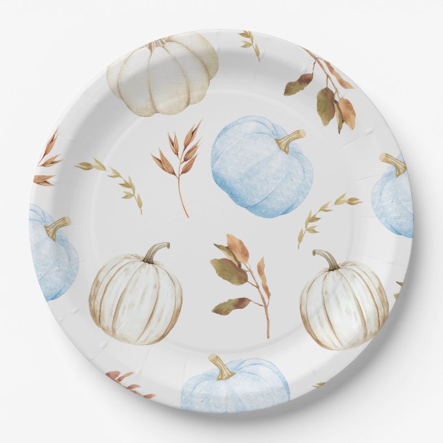 Plato De Papel Fall Blue White Pumpkins Baby Shower (Anverso)