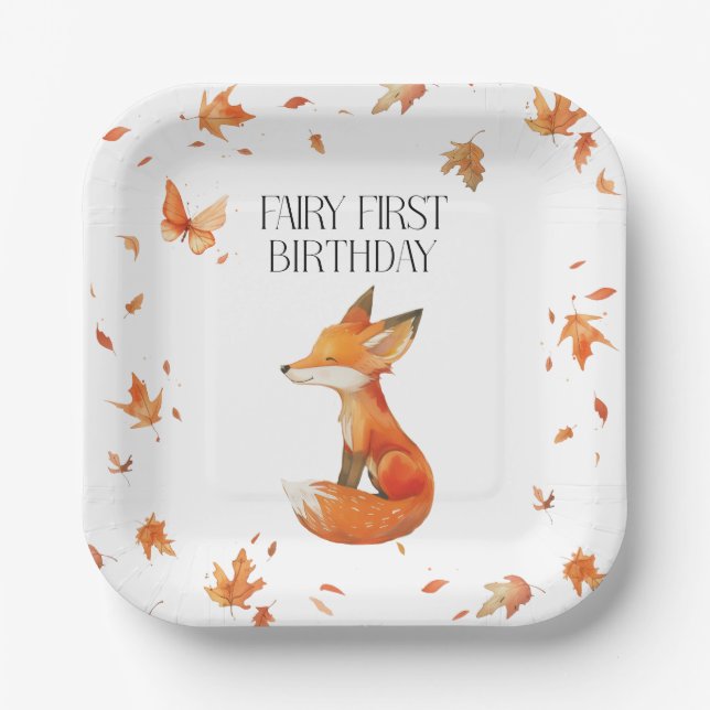 Plato De Papel Fall Fairy First Birday Gracias con un Fox (Anverso)