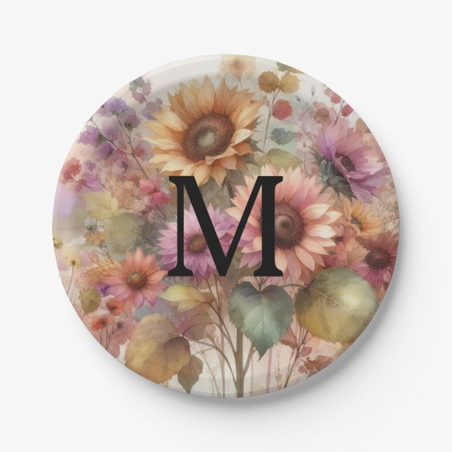 Plato De Papel Fall flowers and sunflowers watercolor pastels (Anverso)