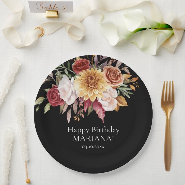 Plato De Papel Fall Foliage Flowers Black Birday Party (Boda)