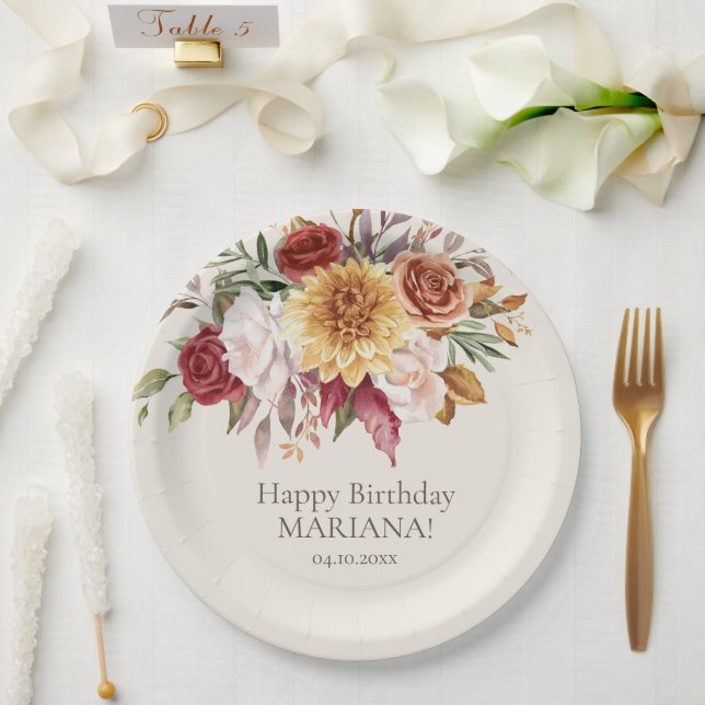 Plato De Papel Fall Foliage Flowers Ivory Birthday Party (Boda)