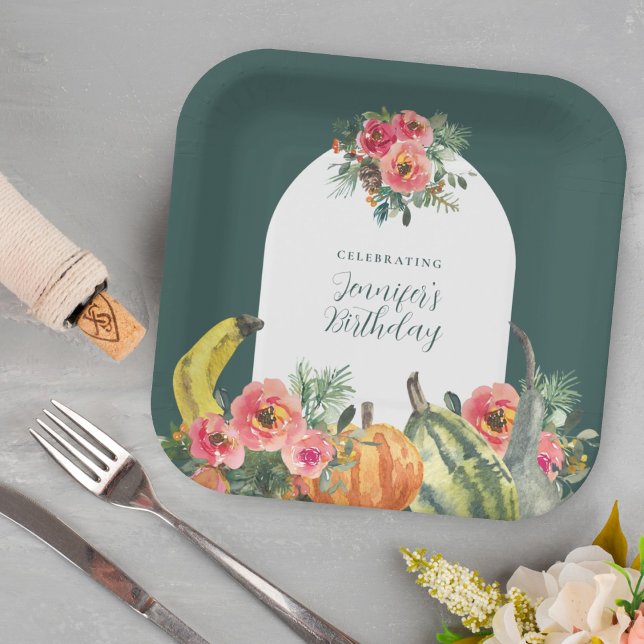Plato De Papel Fall Green Pumpkins Pink Floral Birday Party (Subido por el creador)