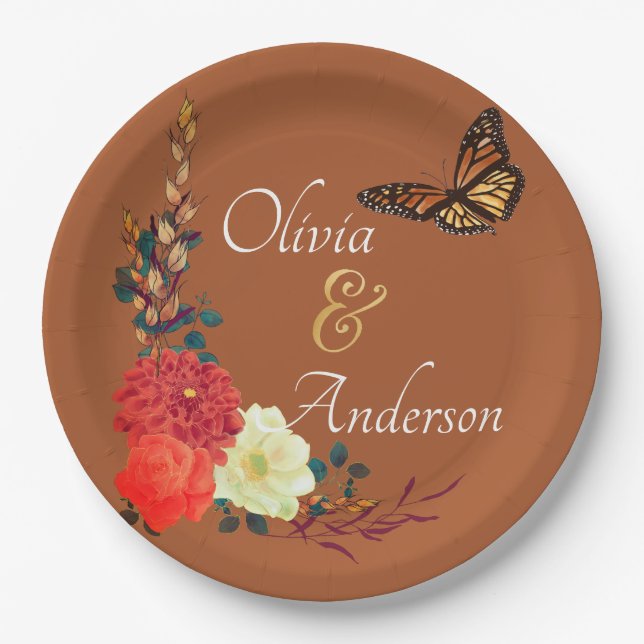 Plato De Papel Fall Monarch Butterfly Floral Terracotta Boda (Anverso)