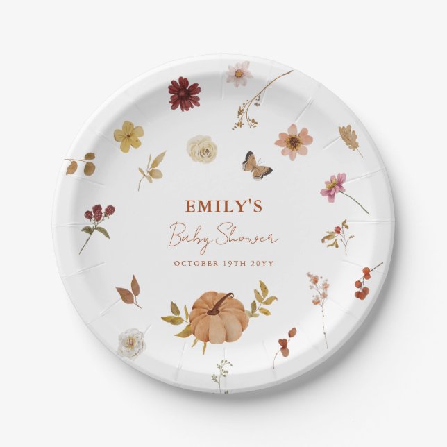 Plato De Papel Fall Pumpkin Wildflower Baby Shower (Anverso)