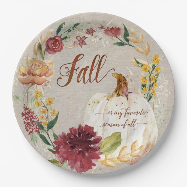 Plato De Papel Fall Thankess White Pumpkin Floral Wreath (Anverso)