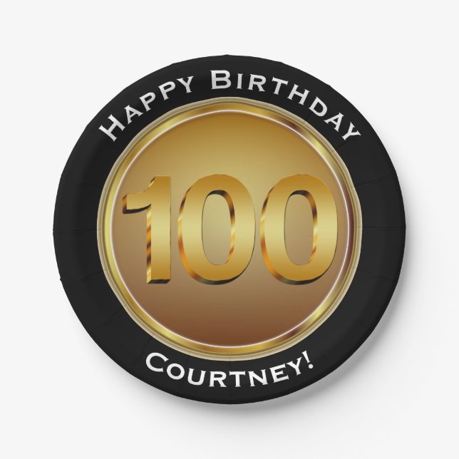 Plato De Papel Falso oro un centésimo 100o cumpleaños con nombre (Anverso)