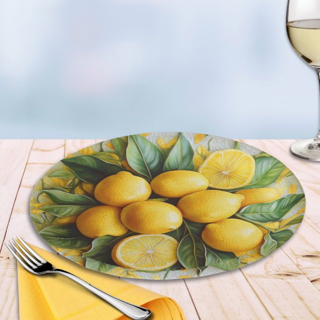 Plato De Papel Falsos limones sicilianos en 3D (Faux 3D "Ceramic Style" Sicilian Lemons and Leaves Paper Plate for Italian Parties)