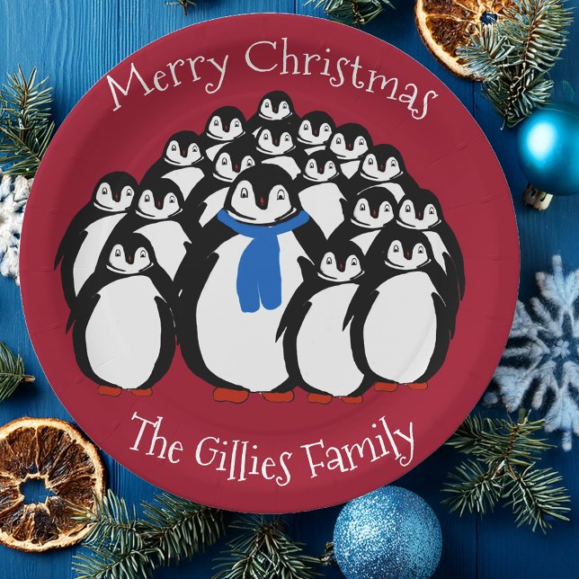 Plato De Papel Familia Cute Pingüino Feliz Navidad Placas Fiestas (Subido por el creador)