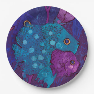 Plato De Papel Familia de peces, bajo el agua, azul y púrpura