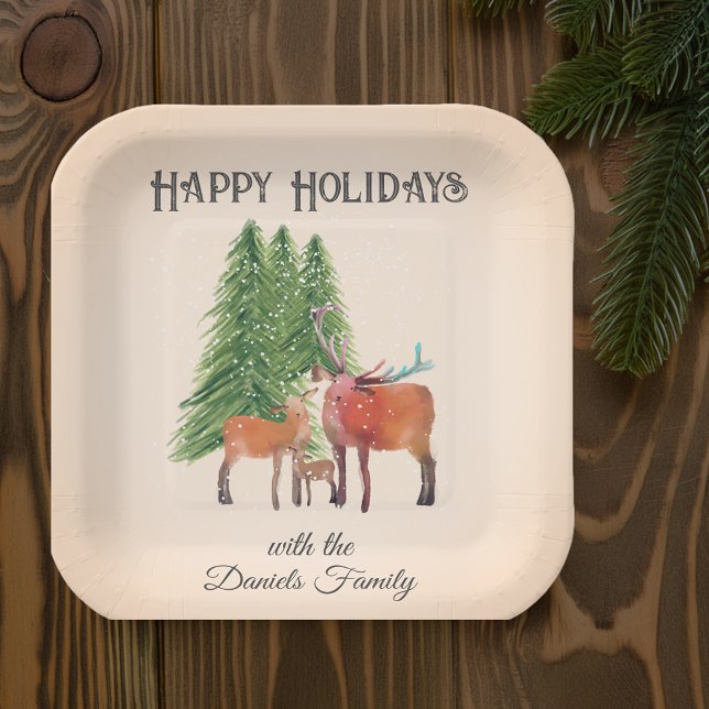 Plato De Papel Familia de venados de Navidades personalizados (Personalized Christmas party plates with a rustic cabin feel.)