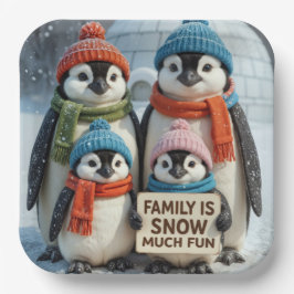 Plato De Papel Familia Pingüino En Copos De Nieve