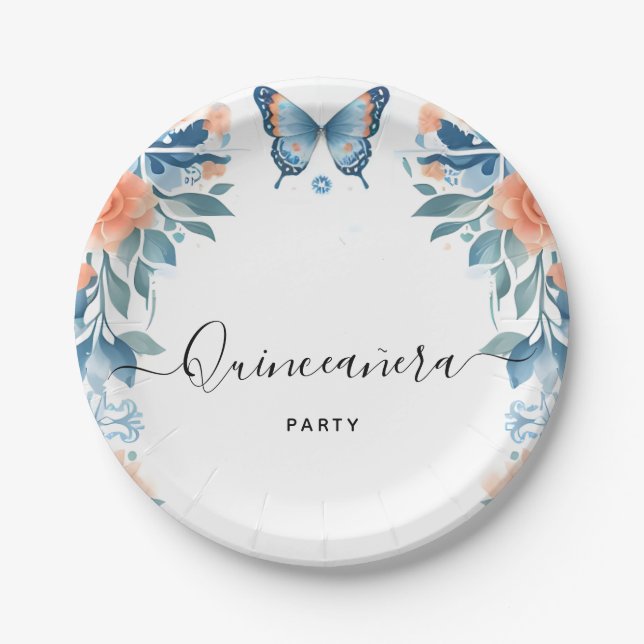 Plato De Papel Familia Tiara Azul Latina Girly Español Quinceaner (Anverso)