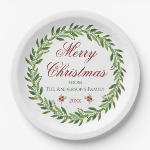 Plato De Papel Familia Wreath de Feliz Navidad