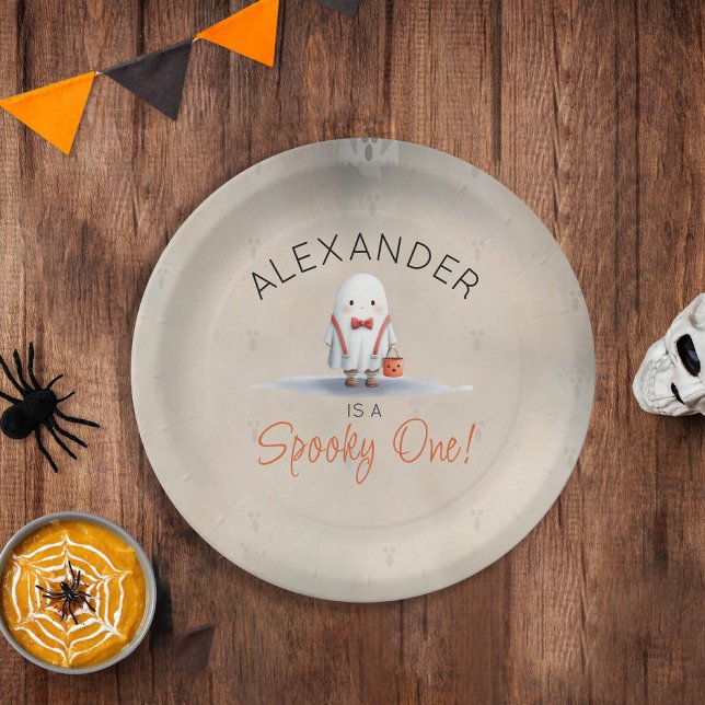 Plato De Papel Famoso niño de primer cumpleaños de Halloween (Spooky One First Birthday Party Paper Plates for Boy's Halloween 1st Birthday)