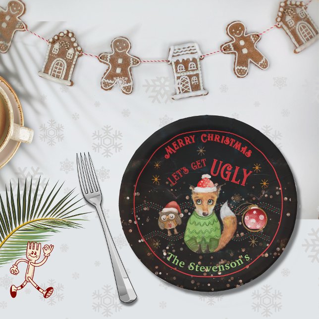Plato De Papel Famoso Sweater Fox & Owl Holiday (Ugly Sweater Fox & Owl Holiday Paper Plates)