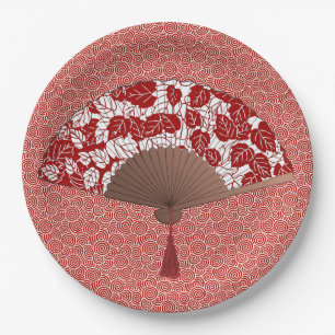 Plato De Papel Fan japonesa en la impresión de la hoja, rojo