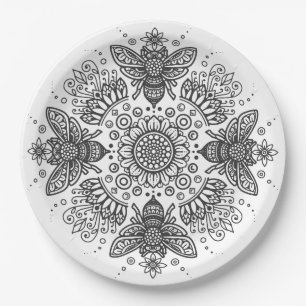 Plato De Papel Fancy Black Bee Mandala