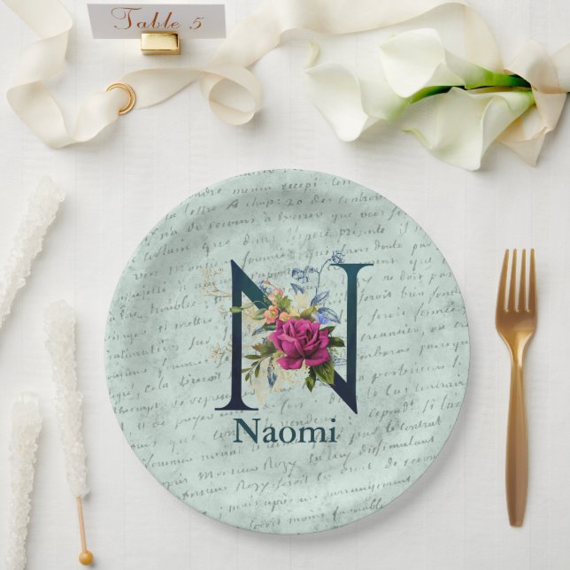 Plato De Papel Fancy Floral Monograma inicial N (Boda)