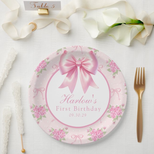 Plato De Papel Fancy One Pink Coquette Bow First Birday (Boda)