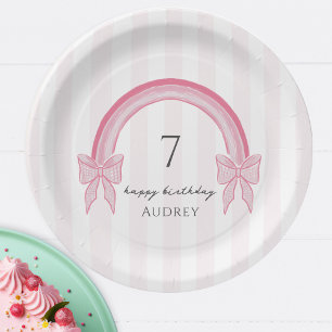 Plato De Papel Fancy Pink Bow Rainbow Coquette Birday