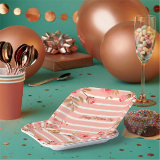 Plato De Papel Fancy Stripe With Coral Floral