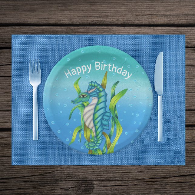 Plato De Papel Fantasía Aqua Blue Sea Dragon Horns Seawebles Bubb (Fantasy sea dragon aqua blue in seaweed water bubbles on shades of blue Birthday paper plates.)