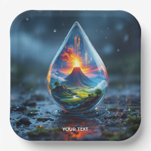Plato De Papel Fantasía Cuesta Lluvia Volcán Paisaje