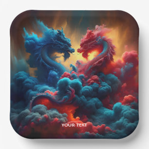 Plato De Papel Fantasía Cute Dragones Azules Rojos