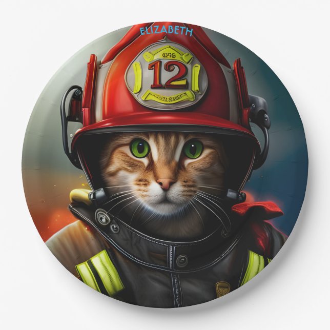 Plato De Papel Fantasía Cute Piel De Bomberos De Gatos. (Anverso)