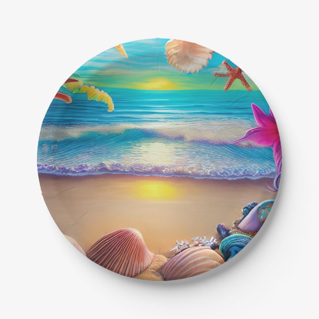 Plato De Papel Fantasía de playa mística con flores tropicales (Anverso)