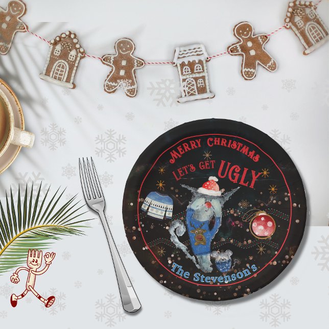 Plato De Papel Fantasía en el gato y el ratón (Ugly Sweater Cat & Mouse Holiday Paper Plates)
