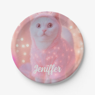 Plato De Papel Fantasia Invernal Gatito Reno Brillante Lindo     